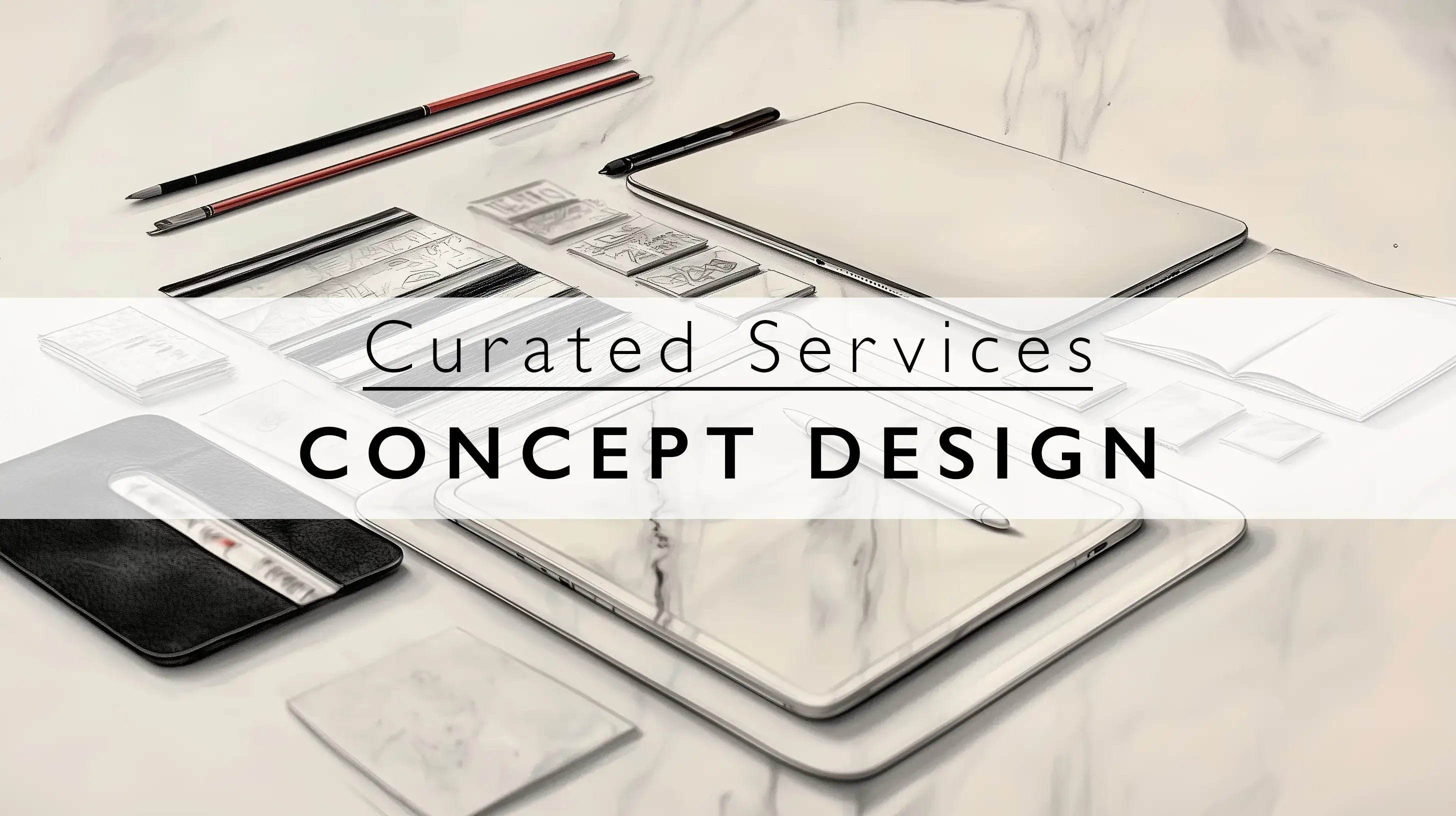 Concept design tools laid out on a marble surface