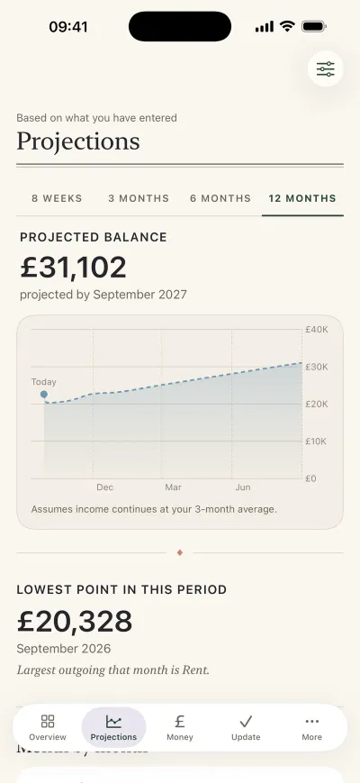 CuratedLedger projections chart of the balance over the next twelve months
