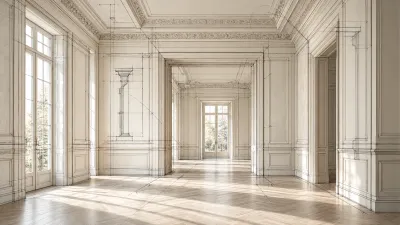 A panelled neoclassical hallway overlaid with fine architectural linework
