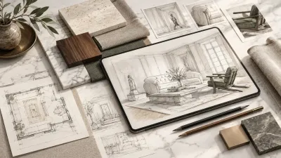 Design sketches, a tablet drawing, and material samples laid out on a marble desk