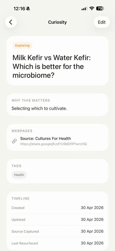A single curiosity with its notes, source link, tags and timeline
