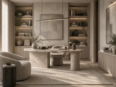 A warm London study with built-in joinery and a stone desk
