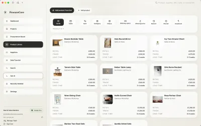 ProcureCore product library showing retail and trade prices and lead times