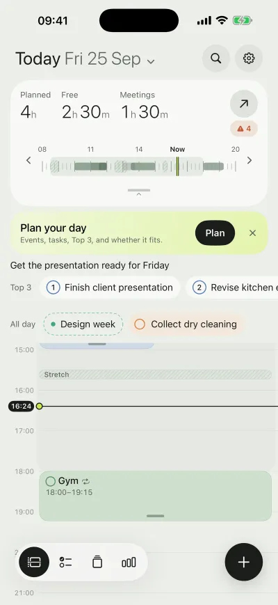 concinnity Today view with planned time, a Top 3, and the day timeline