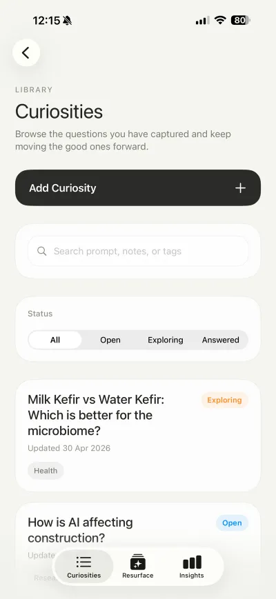 CuriosityTracker library of saved questions, filterable by status