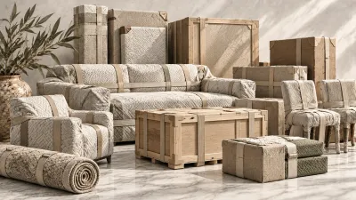 Furniture wrapped and crated for delivery on a marble floor