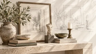 A stone console styled with ceramics, books, a sculpture, and a framed sketch