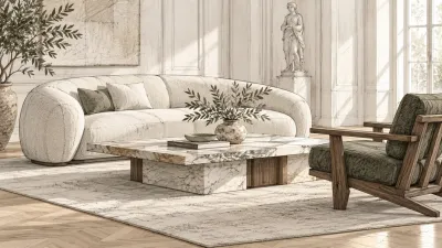 A curved bouclé sofa, stone coffee table, and timber armchair in a bright panelled room