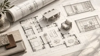 Floor plans, elevations, and furniture sketches with stone and timber samples